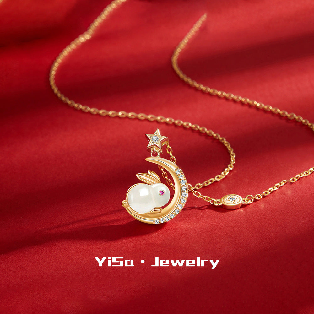 Rabbit new light luxury fashion Jade rabbit flying moon necklace female minority design sense New Year zodiac rabbit clavicle chain 541