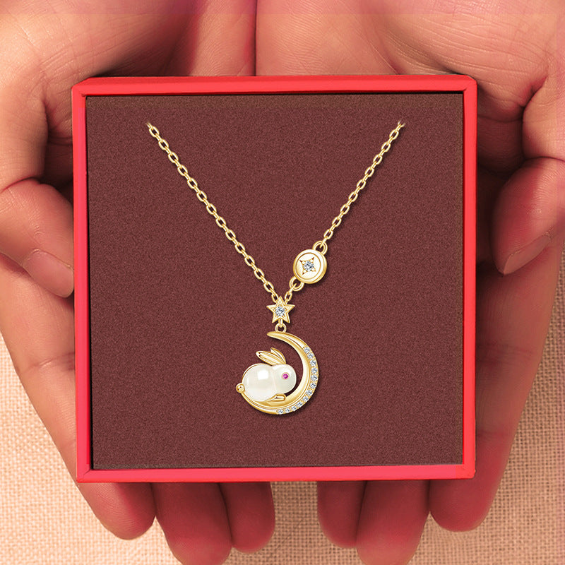 Rabbit new light luxury fashion Jade rabbit flying moon necklace female minority design sense New Year zodiac rabbit clavicle chain 541