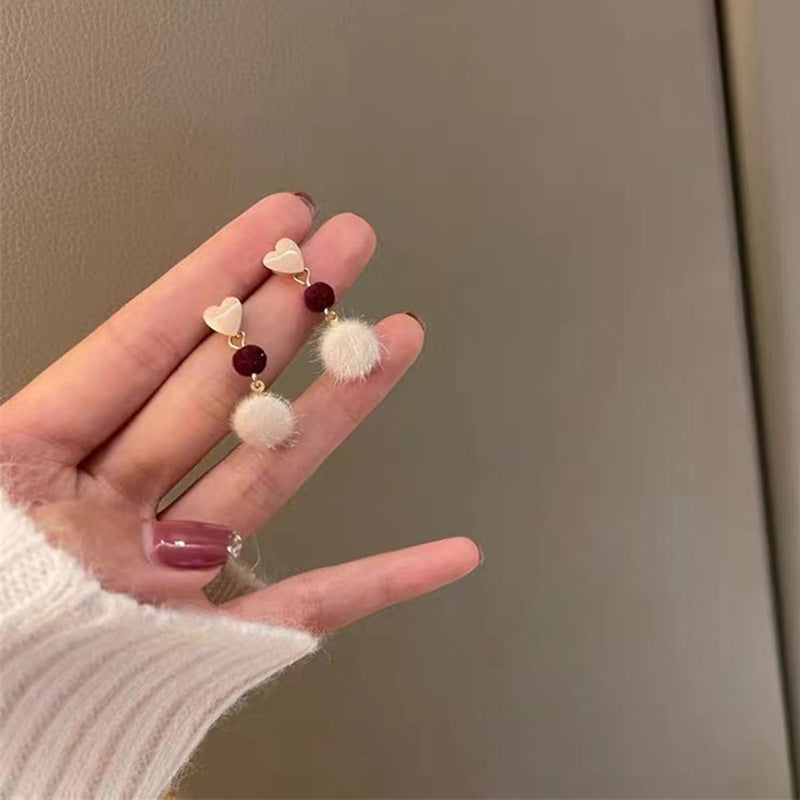 S925 Silver Needle Autumn and Winter Gentle Japan and South Korea pink love plush pendant earrings Simple sweet simple hairball studs 981 details Picture