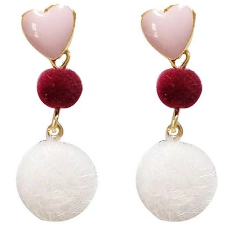 S925 Silver Needle Autumn and Winter Gentle Japan and South Korea pink love plush pendant earrings Simple sweet simple hairball studs 981 Item Picture